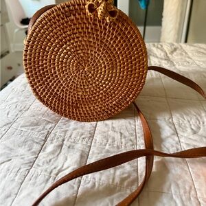 Woven Round Crossbody Bag with Adjustable Strap - Brown